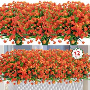 Ouddy Decor 12 Bundles Artificial Flowers for Outdoors UV Resistant Fake Plastic Plants Faux Greenery Stems for Spring Summer Indoor Garden Patio Window Box Kitchen Home Decor, Orange