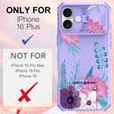 ZIYE for iPhone 16 Plus Case with Camera Cover and Stand, Aesthetic Floral Flower Design for Women Girls, Adjustable Kickstand Dual Layer Shockproof Protective Cover, Purple