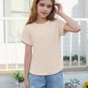 ZDC Girls Short Sleeve T Shirts Kids Summer Textured Tops Crewneck Casual Tee 5-14 Years (Beige)