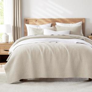 WDCOZY Beige Oversized King Size Quilt Set, Muslin Cotton Shell Down-Alt Poly Filling, California Cal King Shabby Chic Rustic Farmhouse Country Bedspread, Textured Gauze Coverlet Bedding, 2 Shams (Wheat)