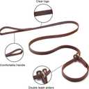 Real Leather Slip Lead Dog Leash, Adjustable Stitched Pet Slip Leads with Slider, Heavy Duty Flat Dog Training Leashes for Medium and Large Dogs, 5ft Long by 0.7" Wide, Brown