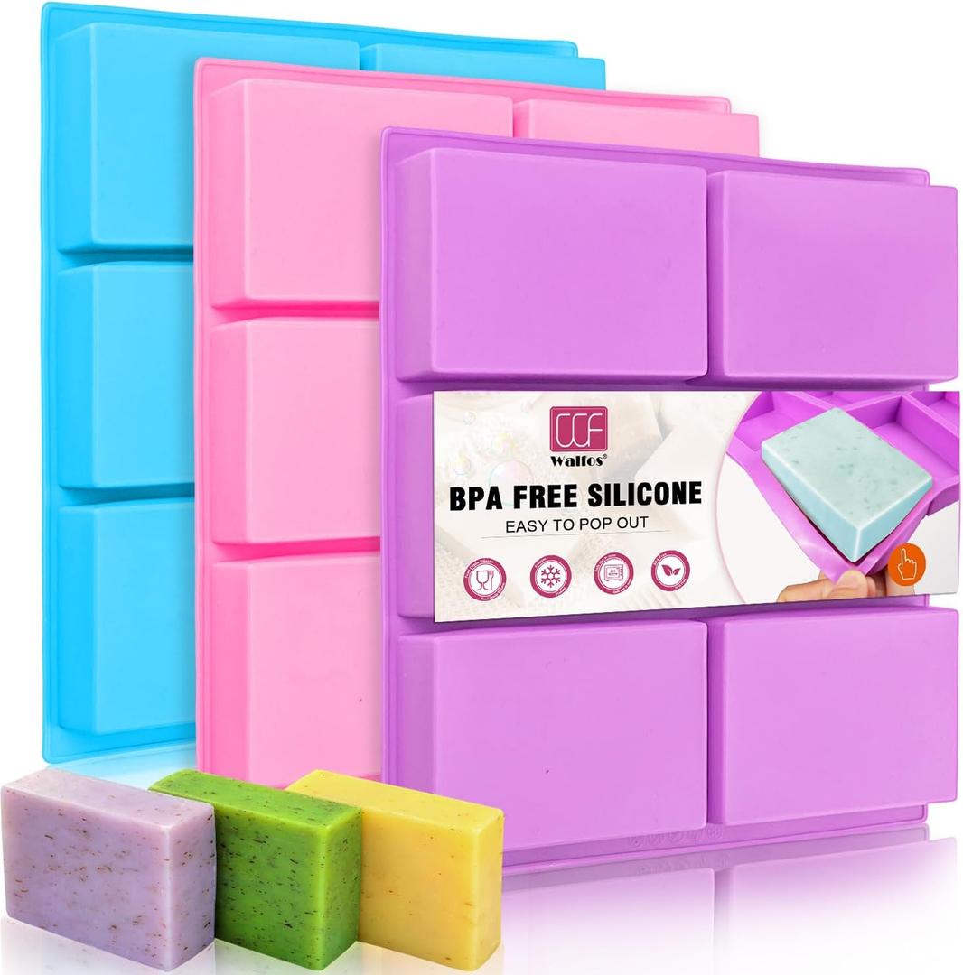 Walfos Silicone Soap Molds Set of 3, 6 Cavities Rectangle Silicone Soap Molds for Homemade Craft Soap Mold, Cake,Chocolate  Ice Cube TrayBlue & Purple  Pink