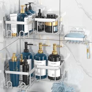 Adhesive Corner Shower Caddy - No Drilling Wall Mounted Shower Shelves-Rustproof, Organizer for Bathroom with Soap Holder. Silver
