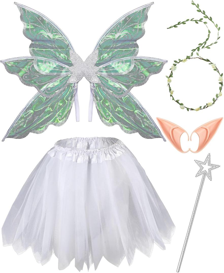 Hicarer Women Butterfly Fairy Wing Costume Set Wing Elf Ear Flower Crown Star Wand Tutu Skirt for Halloween Carnival Cosplay