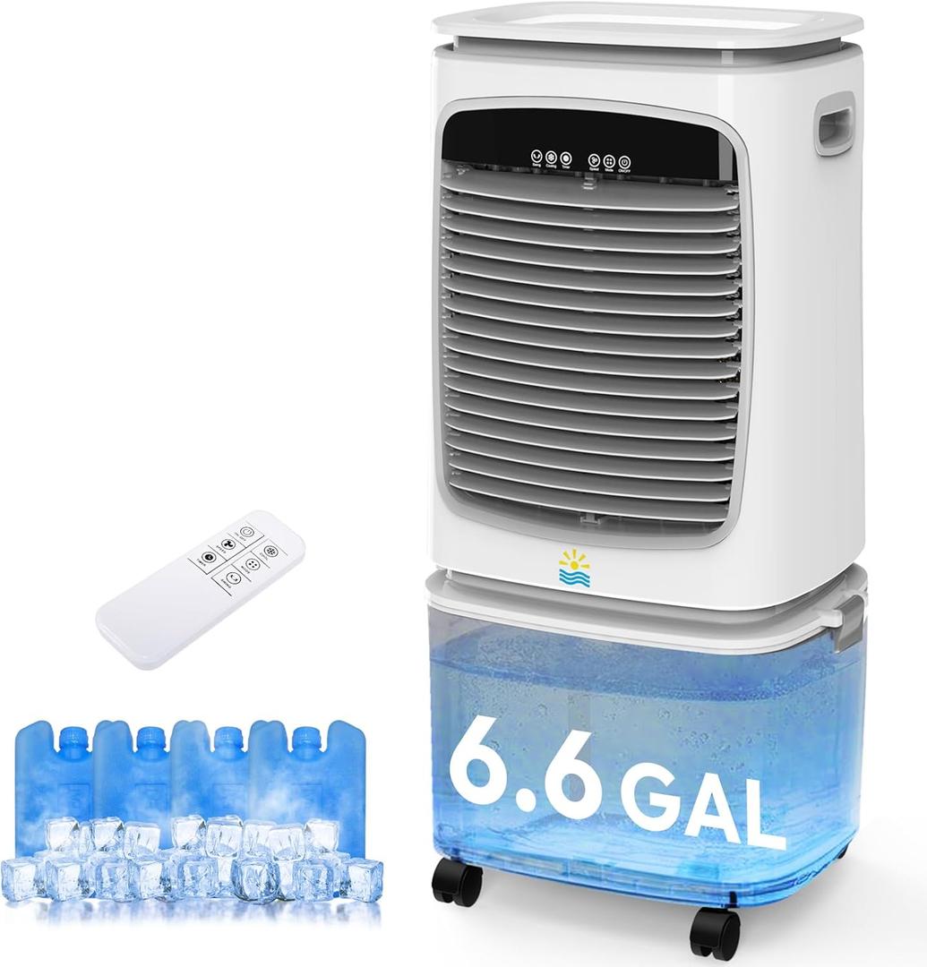 Evaporative Air Cooler  3 in 1 Swamp Cooler, 6.6 Gallon Portable Air Conditioner with 120 Oscillation, 4 Ice Box, 12H Timer, Remote, 3 Modes & 3 Speeds Cooling Fan for Home & Office