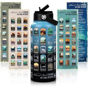 National Parks Water Bottle with Stickers | 32oz Leakproof Insulated Stainless Steel with Straw | Perfect for Hiking, Camping & Travel (Blue-Black)