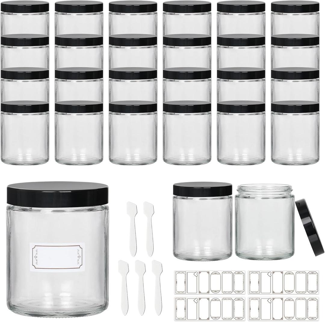 24 Pack 8 oz Glass Jars with lids, Clear Cosmetic Jars with Inner Liners and Black Lids, Lotion Jars, Candle Making Jars for Lotions, Scrubs and Cosmetic, Lables and Spatulas Include