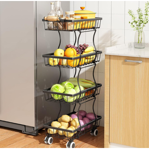 SAYZH Fruit Basket Kitchen Pantry Organizers and Storage  4 Tier Stackable Metal Wire Basket Stand for Fruit Vegetable Snacks Jars Bins Containers Organization, Black