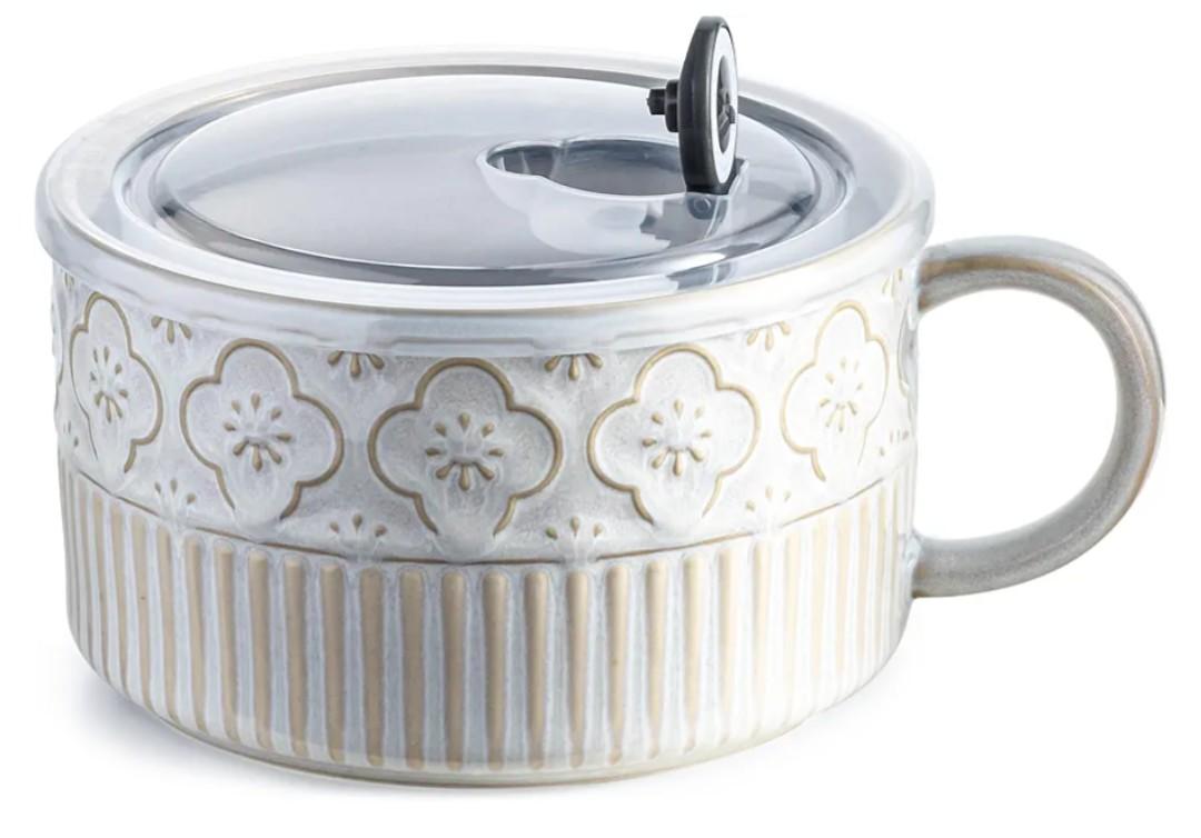 Gomakren Extra Large Soup Bowl with Handle, 39 Ounces Microwave Ramen Bowl, Ceramic Bowl with Lid, 6 Inch Soup Mug Cup for Cereal, Ramen, Instant Noodle, Beige White
