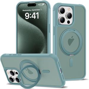 for iPhone 15 Pro Case 6.1 Inches 360Rotatable Magnetic Ring Invisible Stand,[Compatible with Mag-Safe] Military Shockproof Frosted Translucent Case,Cyan