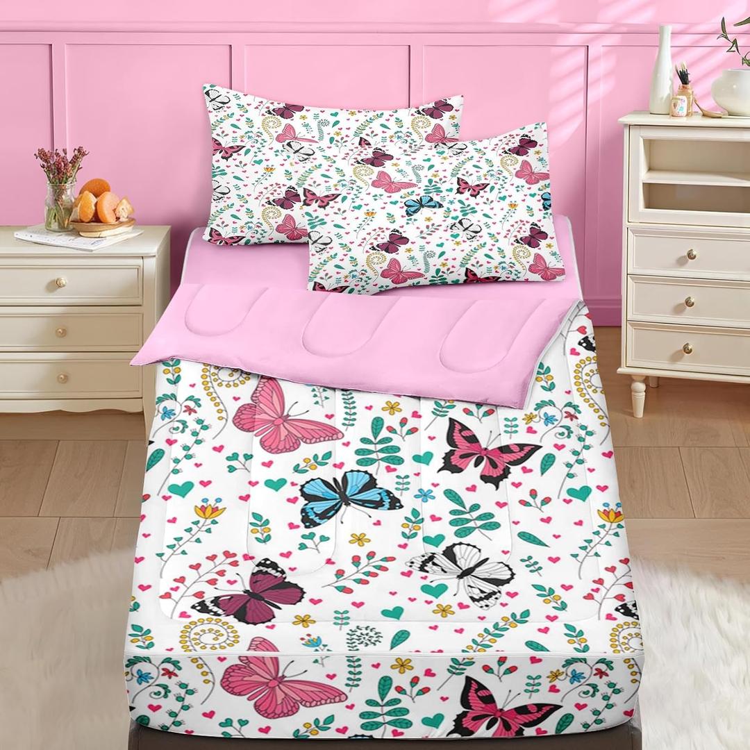 Nesker Twin Zipper Bedding, Butterfly Zipper Bedding Sets for Girls, 3pcs All in on one, Colorful Flower Leaves Kids Comforter Set with Fitted Sheet and 1 Pillowcase