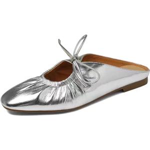 Women's Wrinkled Leather Lace Up Flat Mules Fashion Closed Square Toe Slip-On Slingback Ballet Flats Comfortable Casual Dressy Date Office Work Shoes