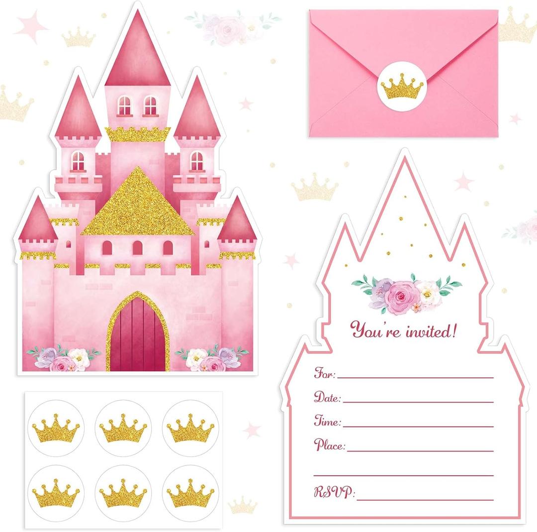30 Sets Birthday Invitations with Envelopes Stickers Themed Invitations for Girl Boy Birthday Party Supplies Decoration (Pink Castles)