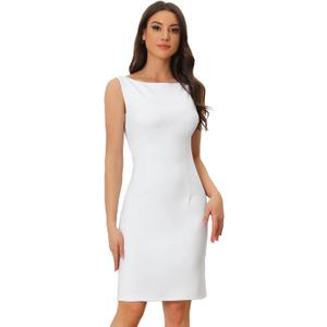 Allegra K Sheath Dress for Women's Business Teacher Sleeveless Boat Neck Dressy Casual Office Dresses (White, L)