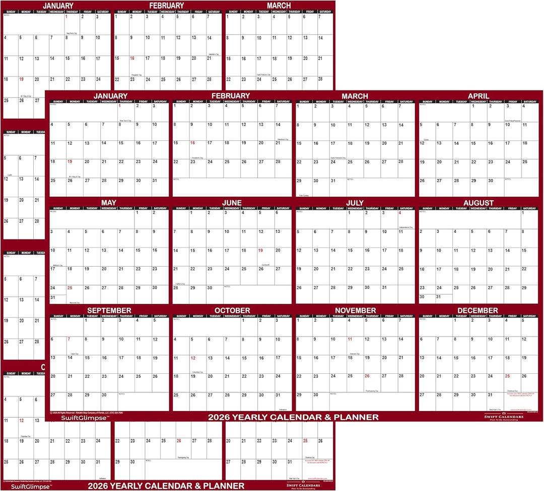 32" x 48" SwiftGlimpse 2026 Wall Calendar Erasable Jumbo XL Wet & Dry Erase Laminated 12 Month Annual Yearly Wall Planner, Reversible, Horizontal/Vertical, Maroon