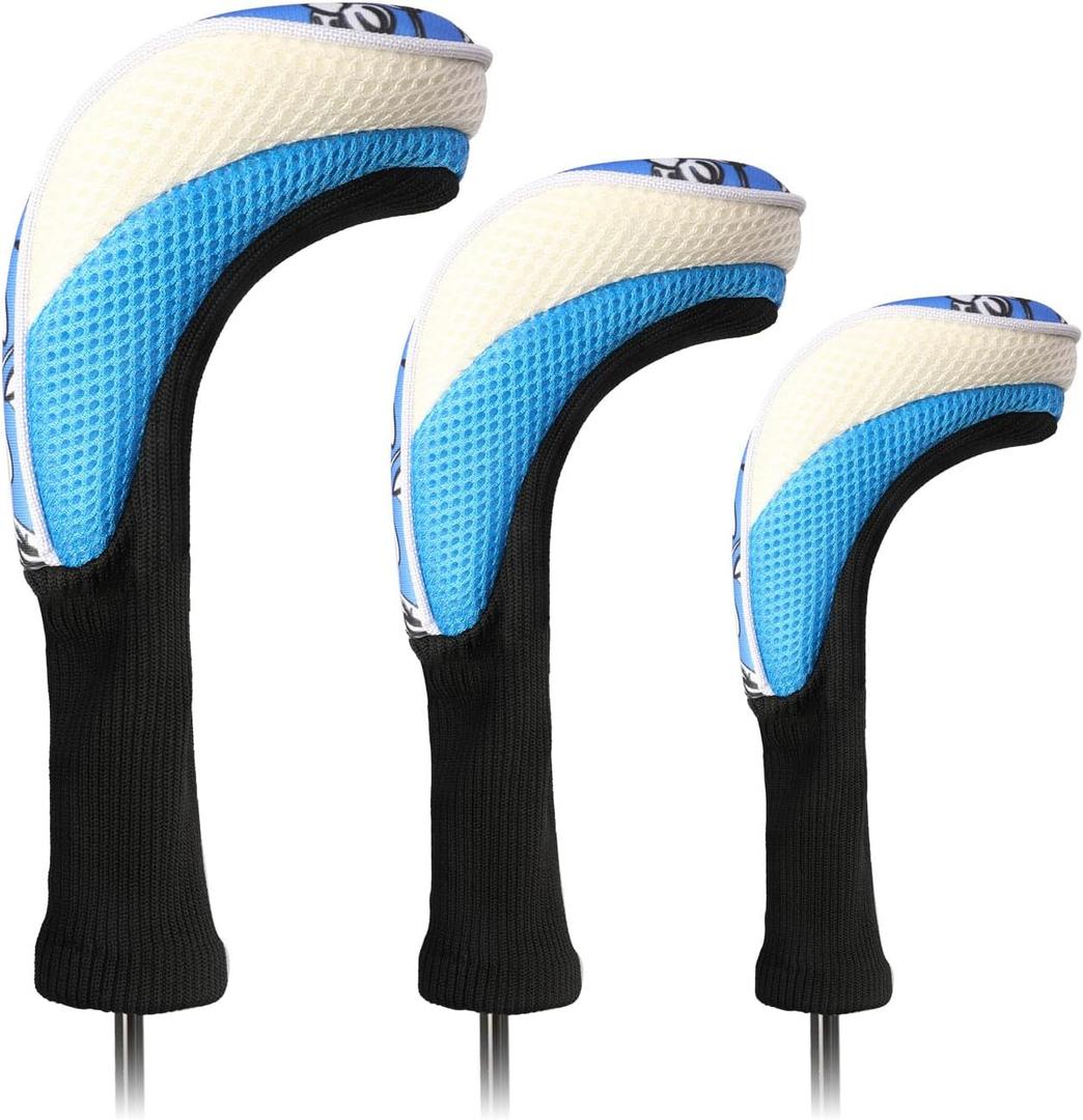 Black Golf Club Head Cover for Driver Fairway 3 Pcs Woods Headcovers, Golf Accessories Hybrid Head Covers Set with Interchangeable Tags 3 4 5 7 X, Logo-Blue Black 135