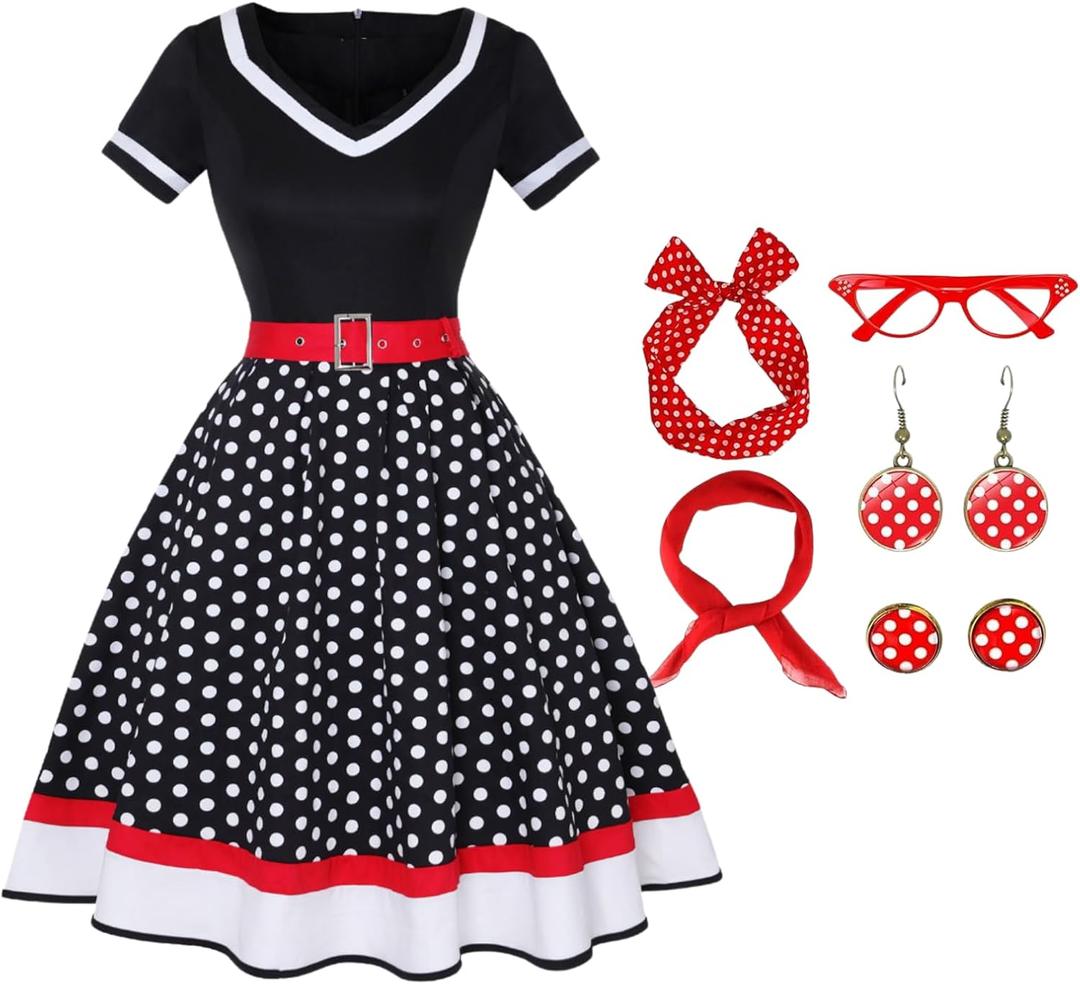 Colorful House Female Adult 1950s Vintage Costumes with Accessories Scarf Headbands Earrings Glasses 7 PCS (XX-Large, Black Dot)