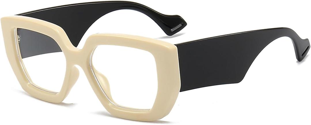 AIEYEZO Thick Frame Blue Light Glasses Men Women, Fashion Square Computer Eyeglass Anti Eyestrain & Prevent Headache (Beige & Black)