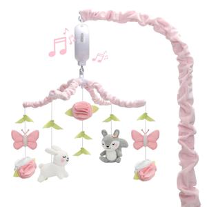 Baby Crib Mobile for Girls, Soft Knitted Woodland Characters Rabbit Squirrel, Pink and White Nursery Decor, Calming Soother with 12 Lullabies Essential and Perfect Gift for Girls