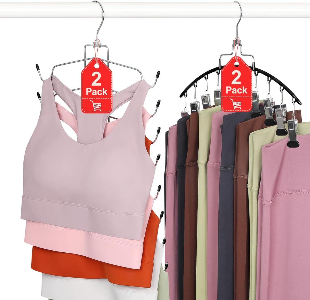 TOPIA HANGER 4 Pack Gym Clothes Organizer, 2 Pack Tank Top Hangers with 2 Pack Leggings Hangers Space Saving Hang 20 Sets Tank Top Bra with Leggings Shorts Pants Yoga Outfits for Closet Black CT78B