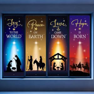 4Pcs Christmas Nativity Large Window Clings Decorations Religious Jesus Christmas Window Decals Nativity Scene Love Hope Joy Peace Double-Side Stickers for Xmas Holiday Party Home Church School Decor