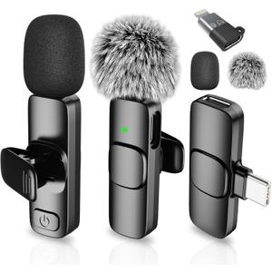 Mini Microphone for iPhone Android - Wireless Lavalier Microphone USB-C Lightning, Noise Cancelling Clip On Mic, 65ft Range, 12H Battery for Video Recording TikTok YouTube Content Creators (2TX1RX without ChargingCase)