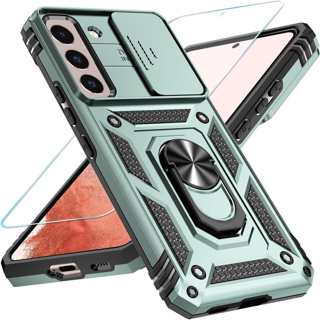 SunStory Phone Case for Samsung Galaxy S22 Plus 5G Case with HD Screen Protector & Slide Camera Cover & Rotated Ring Kickstand, [Military-Grade] [2 in 1] Phone Case for Galaxy S22 Plus 6.6",Green
