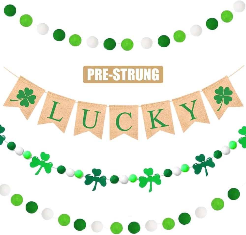 Lucky Banner, 4 Pcs St. Patricks Day Decoration Burlap Bunting Pennant and Felt Shamrock with Green White Pom Pom Ball Garland Irish Lucky Day Party Hanging Decor for Home Mantel Office Classroom