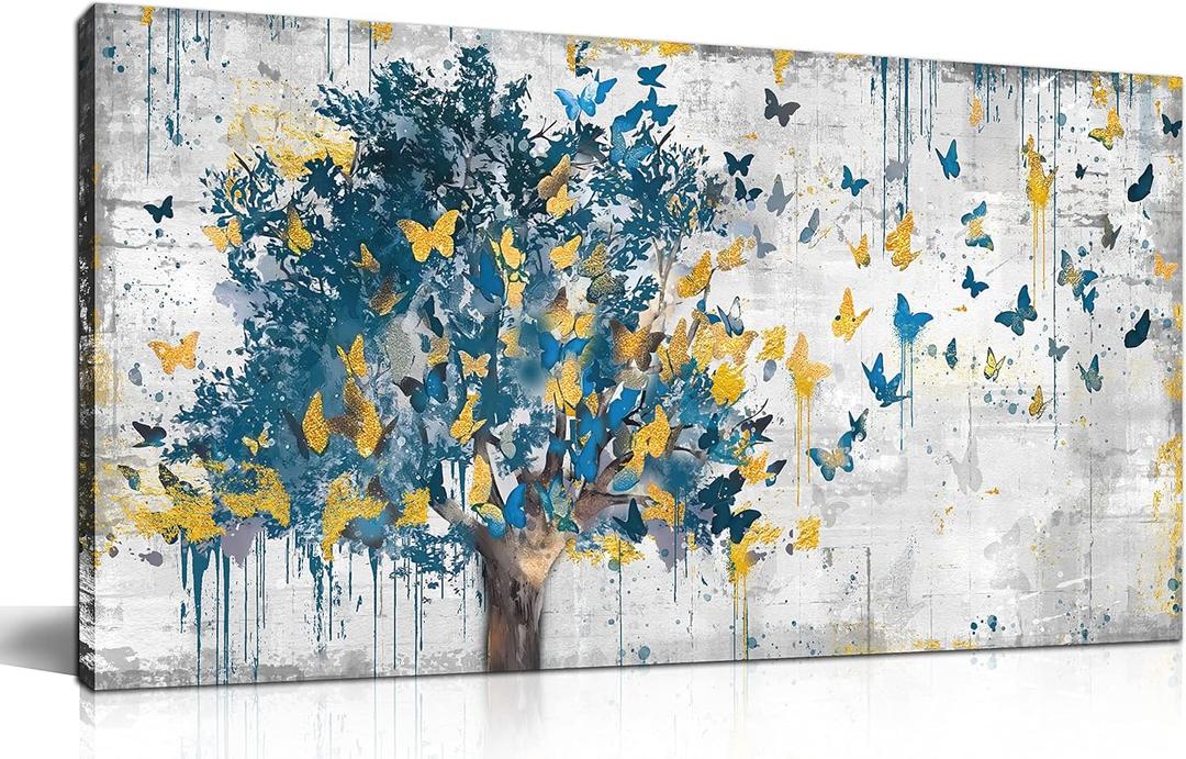 Kepgonegu Large Canvas Wall Art Blue Tree Golden Butterflies Picture Abstract Grey Graffiti Canvas Prints Ready to Hang for Living Room Bedroom Size 20x40