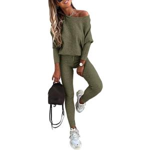 CHICME 2 Piece Lounge Outfit Long Sleeve Knit Pullover Tops Drawstring Pants Set Tracksuit Sweatsuit (Small, C-army Green)