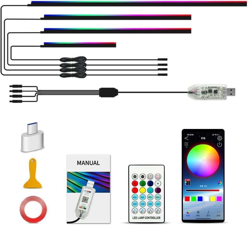 Ambient Lighting Car Led Lights Interior with APP, USB Powered Acrylic Neon Flexible Strip Fiber Optic LED Ambient Lighting kit,4 in 1 RGB Sound Active Music Lights Sync Car Decorations