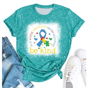 YZMI in April We Wear Blue Autism Awareness Shirt Rainbow Short Sleeve Pattern Tops Bleached L
