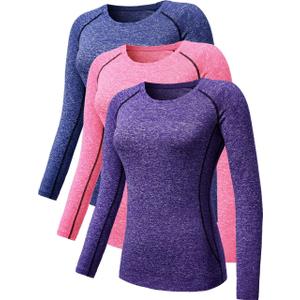 NELEUS Women's 3 Pack Compression Shirts Long Sleeve Yoga Athletic Running T Shirt (8021# Blue, Purple, Pink, Small)