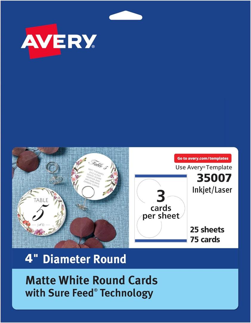 Avery Round Cards, Sure Feed Technology, 4" Diameter, Matte White, 75 Total, Print-to-the-Edge, Laser/Inkjet Printable (35007) Avery Round Cards, Sure Feed Technology, 4" Diameter, Matte White, 75 Total, Print-to-the-Edge, Laser/Inkjet Printable (35007)
