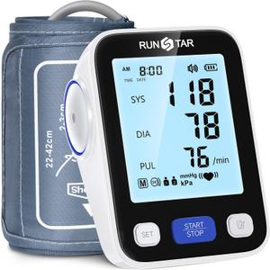 RunStar Upper Arm Blood Pressure Monitor with Wide Range Cuff (8.6'' -16.5'') for Home Use FSA&HSA Eligible, Automatic Digital BP Machine with Storage Bag, 2x99 Reading Memory