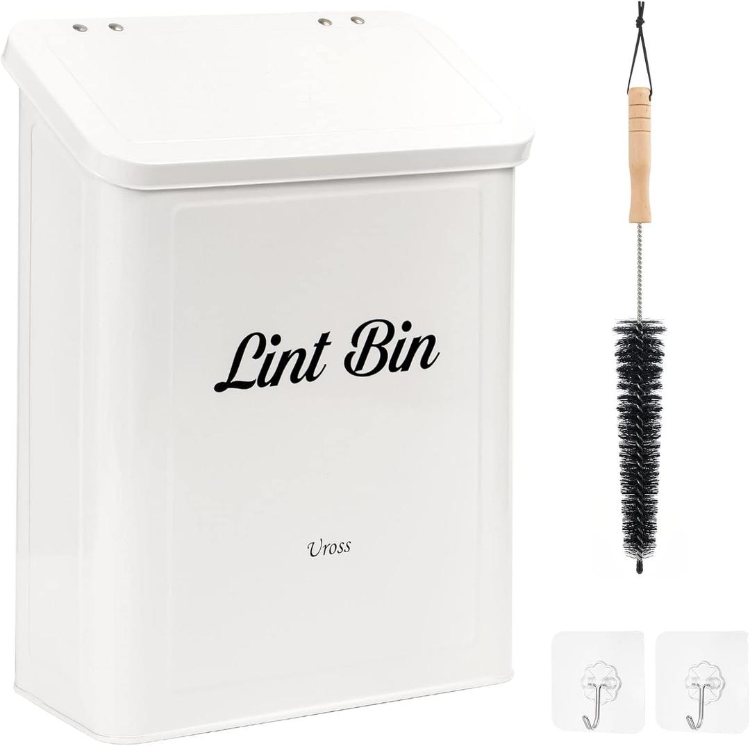 Uross Magnetic Lint Bin with Lint Brush, Metal Wall Mounted Dryer Lint Box Holder Keeper Organization with Lid, Stylish Laundry Room Decor -White