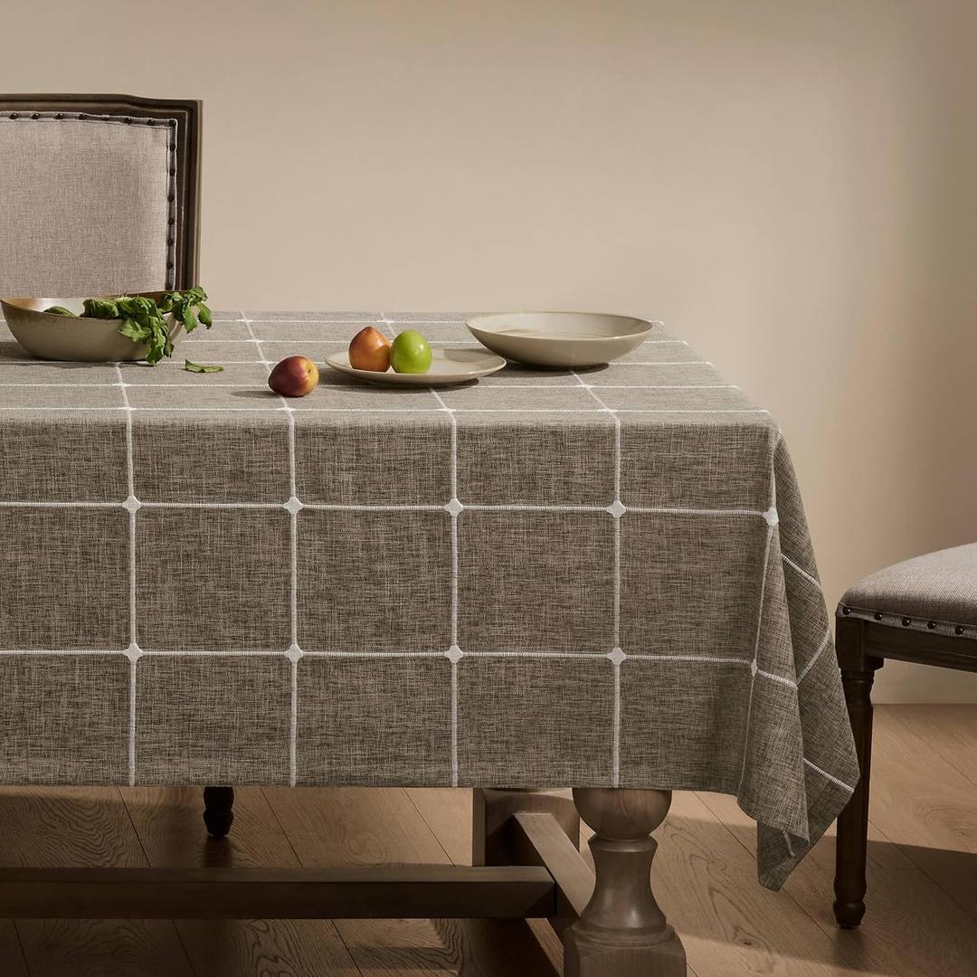 ZeeMart Grid Embroidered Hemmed Tablecloths, Cocoa Brown 60x120 Inch, Farmhouse Style Heavy Weight Cotton Linen Brown Tablecloths, Boho Plaid Water Resistant Rectangle Table Cloth
