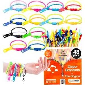 UpBrands 48 Fidget Toys Friendship Zipper Bracelets 7 ½”, Party Favors for Kids, Sensory Bulk Set Neon Colors, Kit for Valentines, Birthday, Goodie Bag, Easter Egg Basket Stuffers, Pinata Fillers