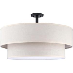 24 Inch LED 28W Adjustable 3000/4000/5000 2 Tier Drum Linen Fabric Shade Semi Flush Mount Close to Ceiling Light Fixture for Bedroom,Living Room,Dining Room Hallway(Black)