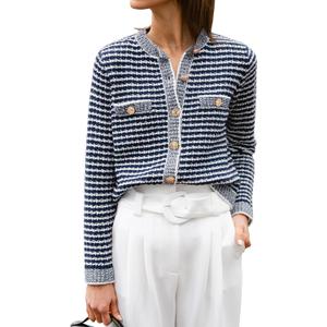 ANRABESS Women's Striped Cardigan Sweaters Casual Long Sleeve Open Front Button Down Knit Cropped Jackets Fall Coat Outerwear (Stripe Navy Blue), S