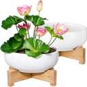 Baderke 2 Pcs Lotus Bowl Planter with Base Ceramic Hydroponic Planter Water Lily Bowl for Planting Aquatic and Indoor Plants Household Ceramic Basin Decor(White)