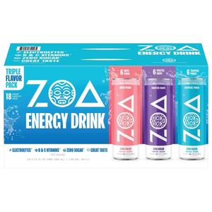 ZOA Zero Sugar Energy Drink Variety Pack, Sugar Free with Electrolytes, Healthy Vitamin C, Amino Acids, Essential B-Vitamins, and Caffeine from Green Tea, 18 12 oz cans, White Peach, Tropical Punch, Frosted Grape (EXP 10/11/26)