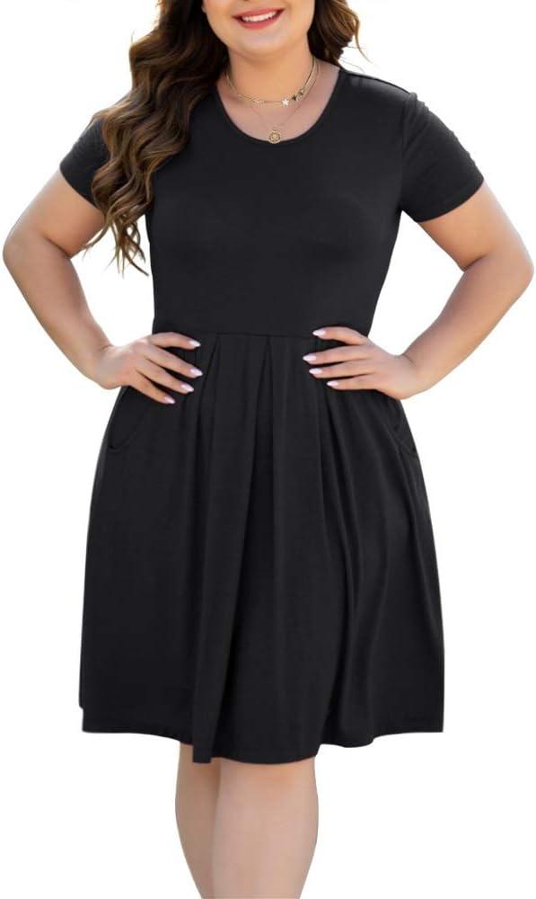 Women's Plus Size Long/Short Sleeve Dress Casual Pleated Swing Dresses with Pockets (XXL)