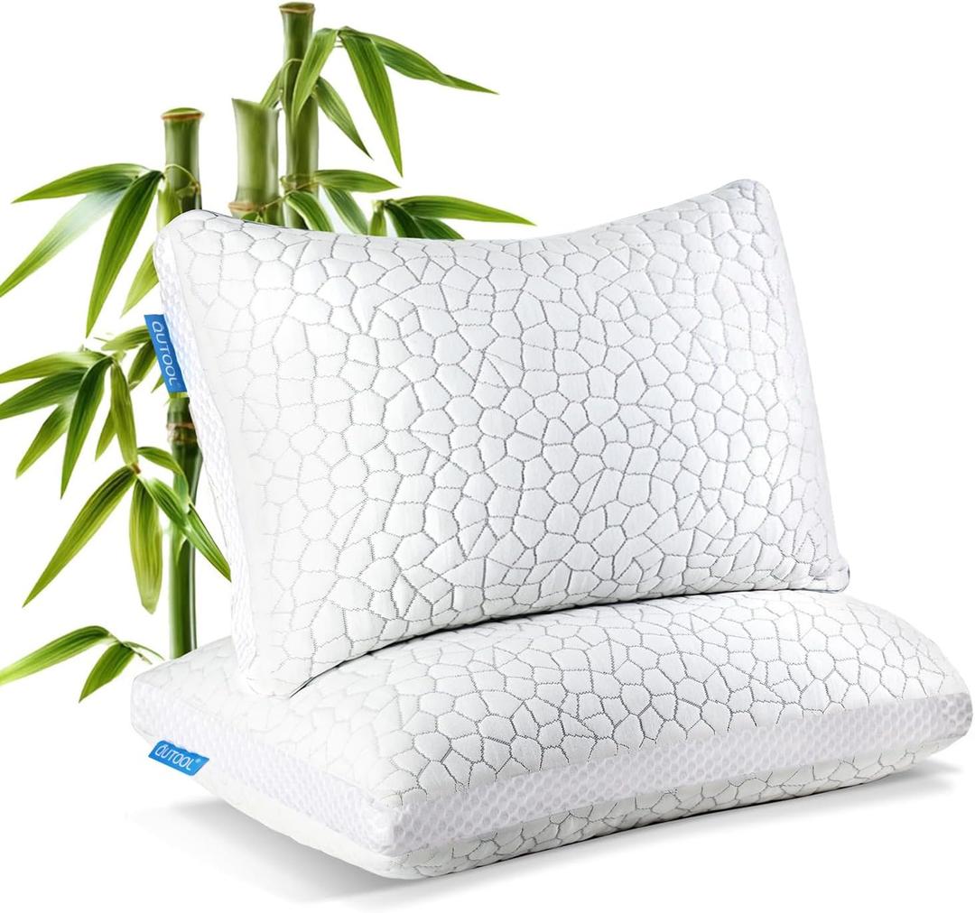 Shredded Memory Foam Pillows 2 Pack, Rayon Derived from Bamboo Pillow Queen Size Set of 2, Cooling Gel Pillows for Sleeping, Adjustable Pillow for Side Stomach and Back Sleepers with Washable Cover