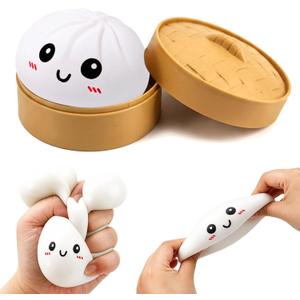 Dumpling Squishy Fidget Toys for Adults and Kids, Cute Steamer Basket Design with Squeezable Bun Stress Relief Toys, 3.5'' Big Stress Balls with Cute Smile Face (White 1 PC)