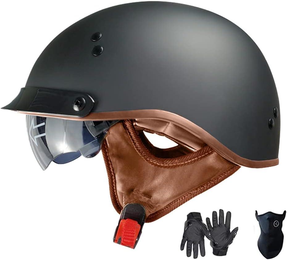 Motorcycle Half Helmet with Retractable Inner Sun Shade Quick Release Buckle DOT Approved Half Face Cycling Helmets for Men Women Adult (Black, XL)