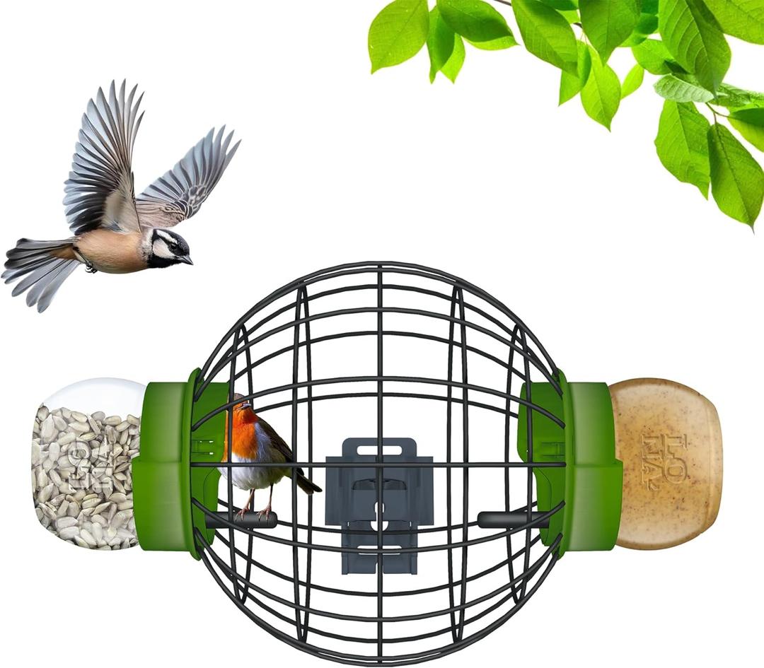 LONA Squirrel Proof Bird Feeding Cage for Outdoors - All-Weather Metal Caged Bird Feeders with Peanut Butter Jar Holder, Chew-Proof Feeding Cage for Small Birds (Round Cage, 2 Feeding Units)