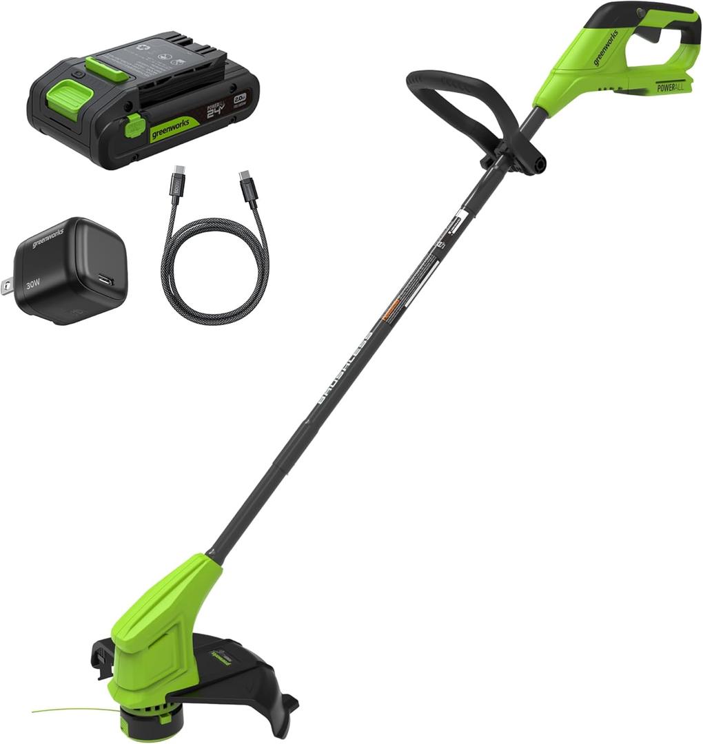 Greenworks 24V 12" Brushless 2-in-1 String Trimmer Kit, Ultra Lightweight & Easy to Use, Auto-Feed System, 3-Piece Shaft, 2.0Ah USB-C Battery, 30W GAN Charger, 12" NEW