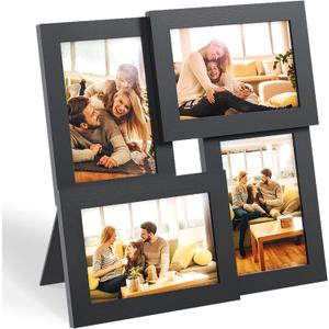 Egofine 4x6 Collage Picture Frames, Made of Solid Wood, Family Picture Frame Display Four 4x6 Photos, Covered by Plexiglass for Wall Hanging and Tabletop, Black