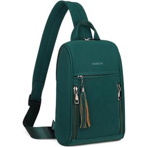 FADEON Sling Bag for Women, Crossbody Backpack with Tassels, Designer Leather Shoulder Chest Bags for Travel (A- Green Nubuck Style)